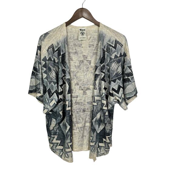 Vocal Gray Tan Jeweled Embellished Short Dolman Sleeve Open Cardigan Shrug - Picture 3 of 10